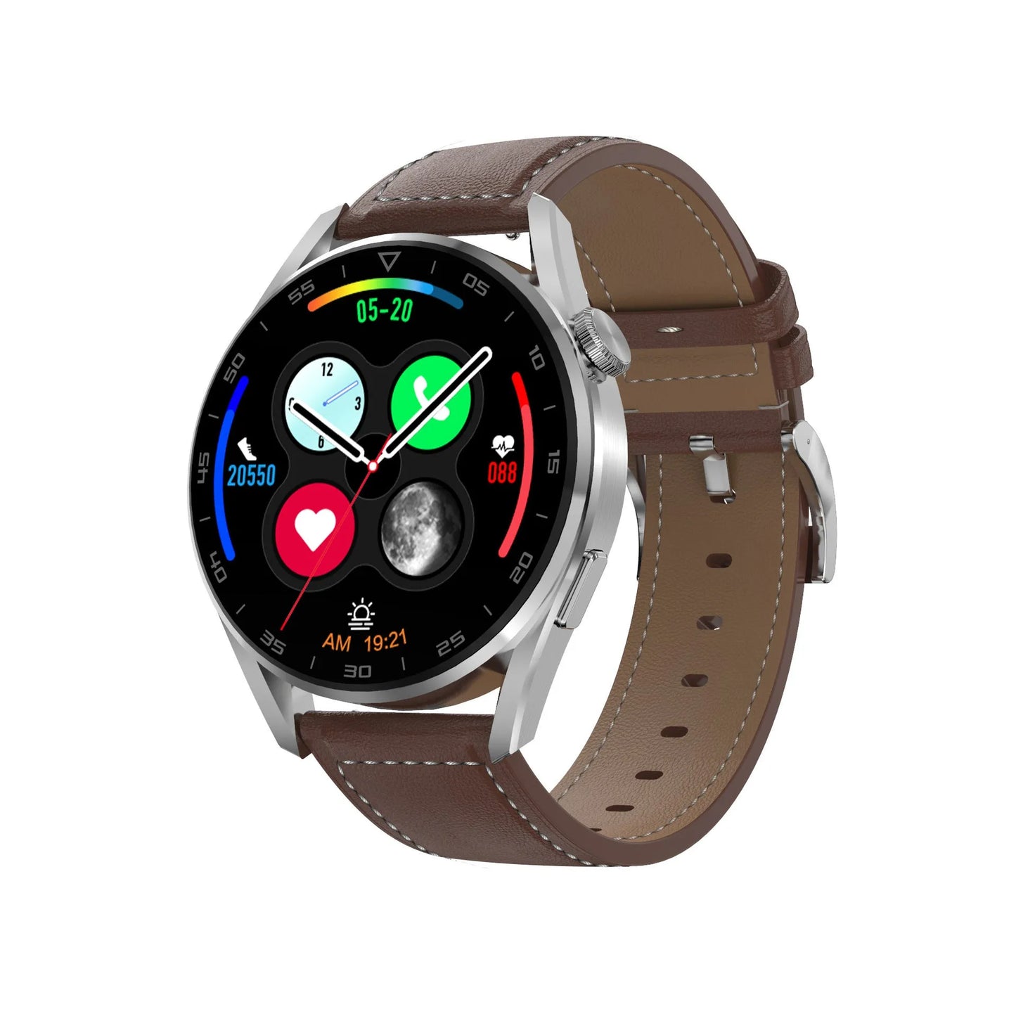Black Bluetooth smart watch with metal strap showing call screen and barcode scanner function on 1.3-inch display.