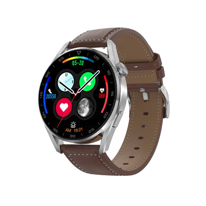Black Bluetooth smart watch with metal strap showing call screen and barcode scanner function on 1.3-inch display.