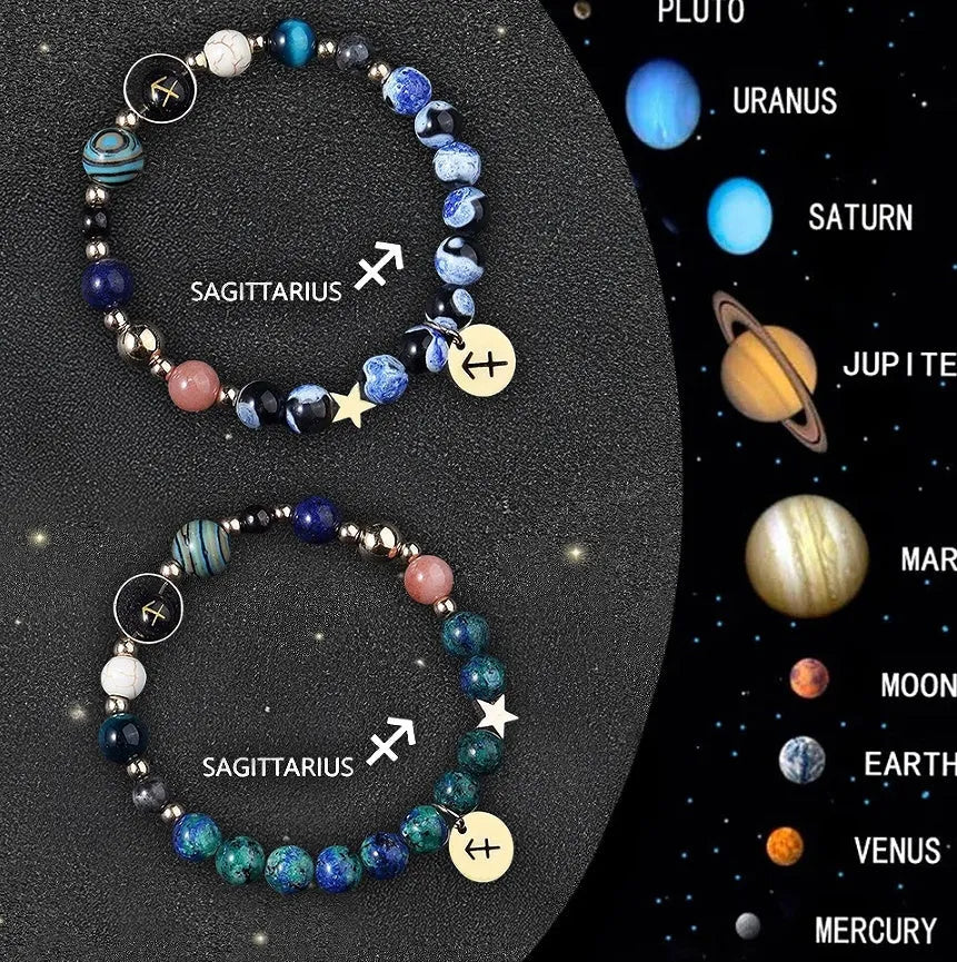 Twelve Zodiac Sign beaded bracelet set with natural stone beads and adjustable closure on wrist
