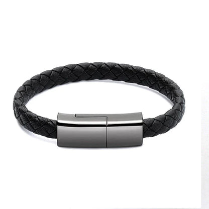 Stylish bracelet charging cable with premium leather and zinc alloy construction, compatible with iPhones, Android, and USB-C devices