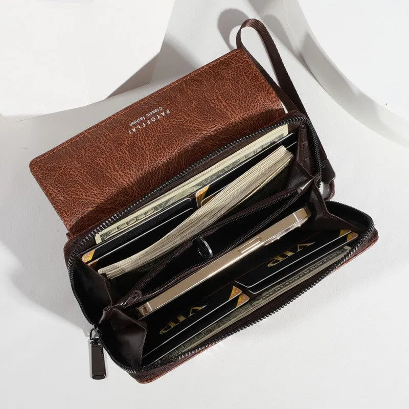 Men's black PU long-fold wallet with multiple card slots, shown open.