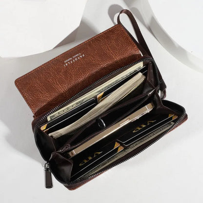 Men's black PU long-fold wallet with multiple card slots, shown open.
