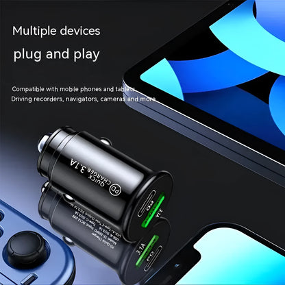 Black and white dual USB port car charger for vehicle cigarette lighter socket.