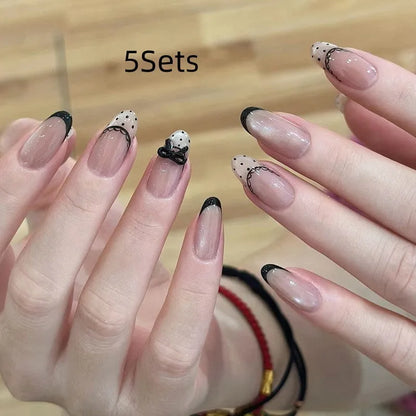 Sweet Girl style medium coffin false nails with random colour patterns, press on artificial nail sets