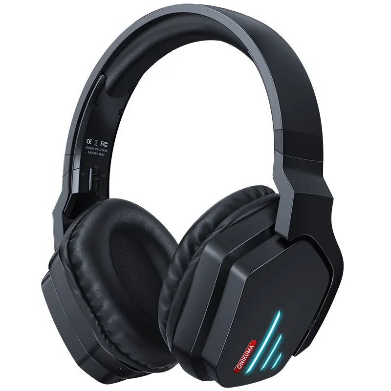 Luminous black wireless headphones with head-mounted design, showing ear cushions and adjustable headband
