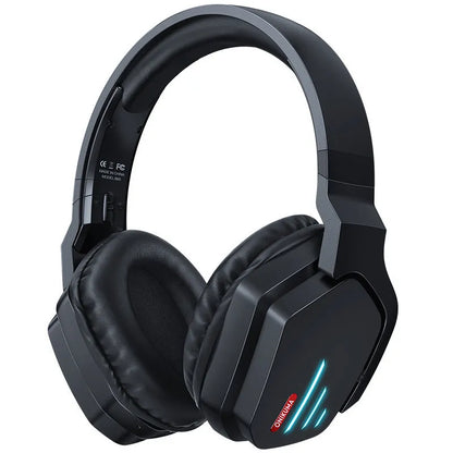 Luminous black wireless headphones with head-mounted design, showing ear cushions and adjustable headband