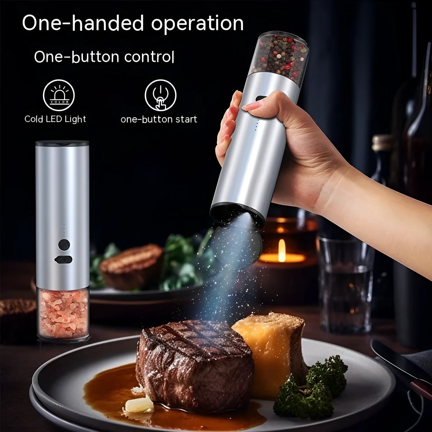 White electric salt and pepper grinder with stainless steel top and clear glass jar on a kitchen counter.