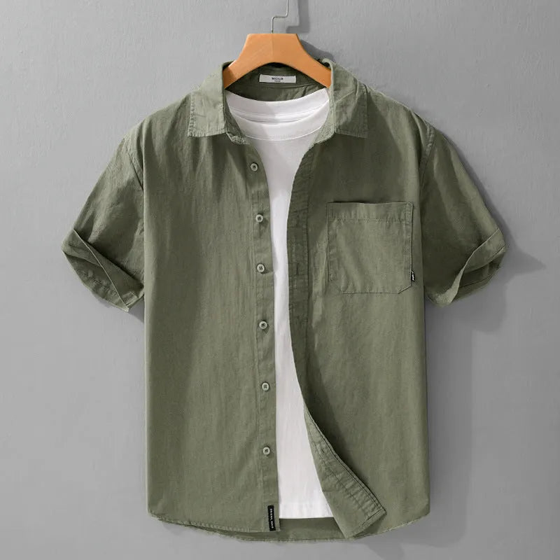 Men's loose fit pure cotton short sleeve shirt in cardigan style, shown in light blue.