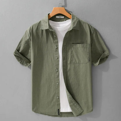 Men's loose fit pure cotton short sleeve shirt in cardigan style, shown in light blue.
