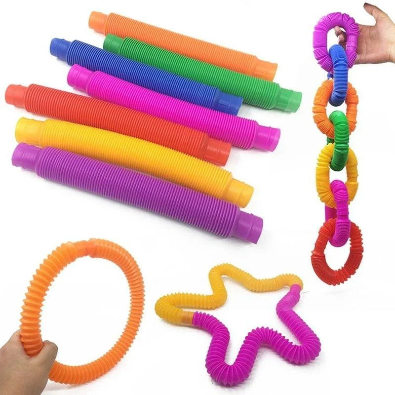 Colorful, flexible sensory fidget tube toy for kids, featuring vibrant colors and customizable shapes to promote creativity and sensory development
