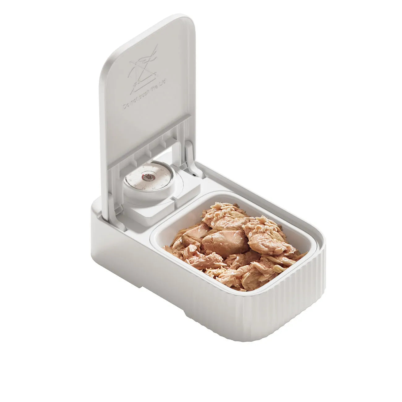 White programmable pet single meal feeder with timer display, ice crystal box, and modular splash-proof design.