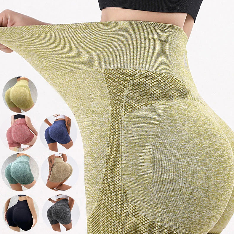 Butt-lifting seamless yoga shorts for women in various colors, including red, yellow, green, black, gray, royal blue, and khaki