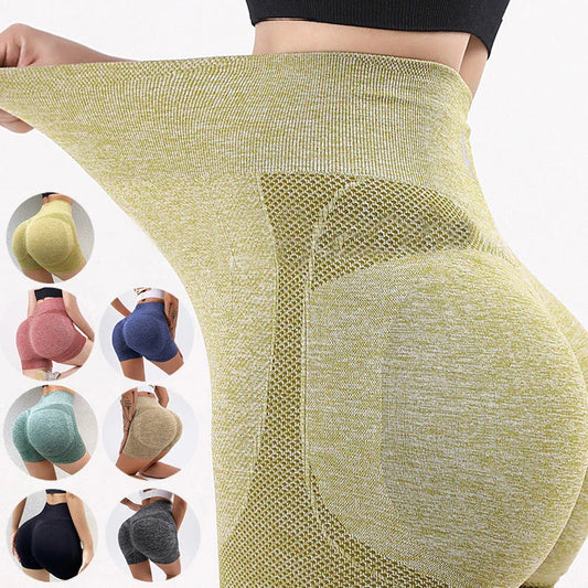Butt-lifting seamless yoga shorts for women in various colors, including red, yellow, green, black, gray, royal blue, and khaki