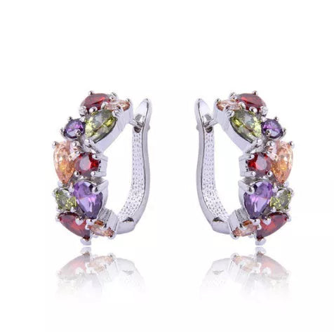 Colorful diamond crystal zircon ear clips for women, drop-shaped design with electroplated finish.
