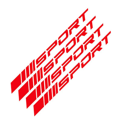 PET car rim stickers with hollow sports pattern in red, black, and white for alloy wheel decoration