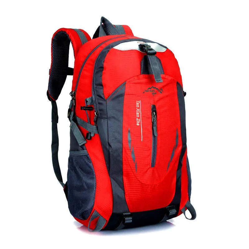 Large red outdoor travel backpack made of oxford cloth, showing front compartments and carrying straps.