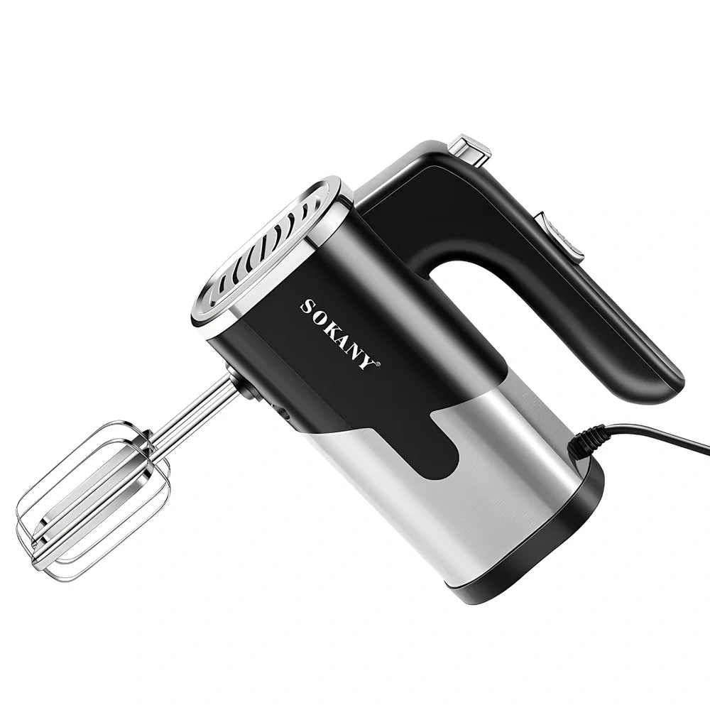 Black handheld electric whisk with stainless steel beaters, 26cm length, five-speed control buttons