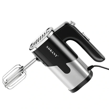 Black handheld electric whisk with stainless steel beaters, 26cm length, five-speed control buttons