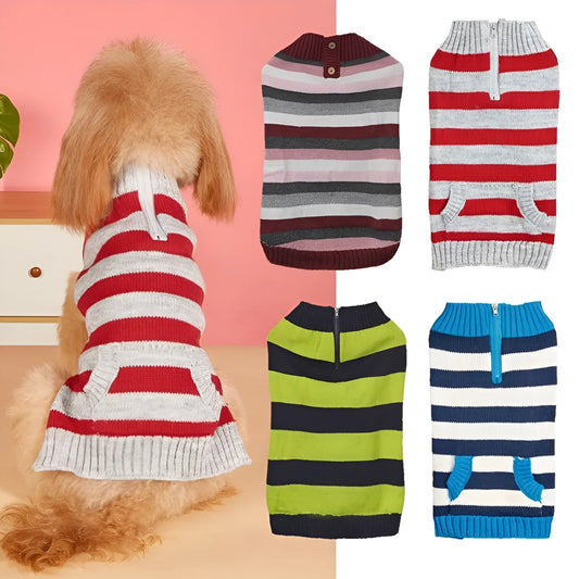Grey dog sweater with horizontal zipper and button pocket on a small dog.