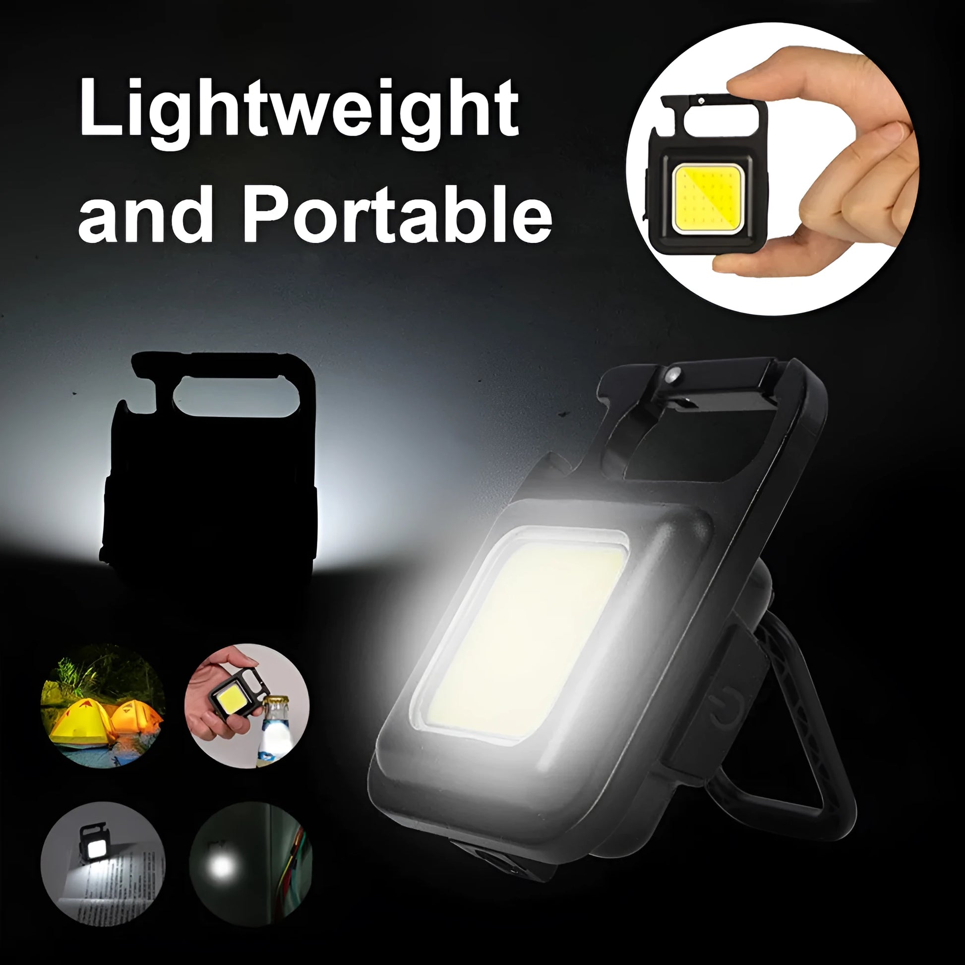 Black aluminium alloy USB rechargeable keychain light with magnetic base and foldable handle