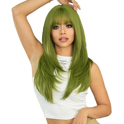 Long straight vanilla green synthetic women's wig measuring 63cm with a fringe