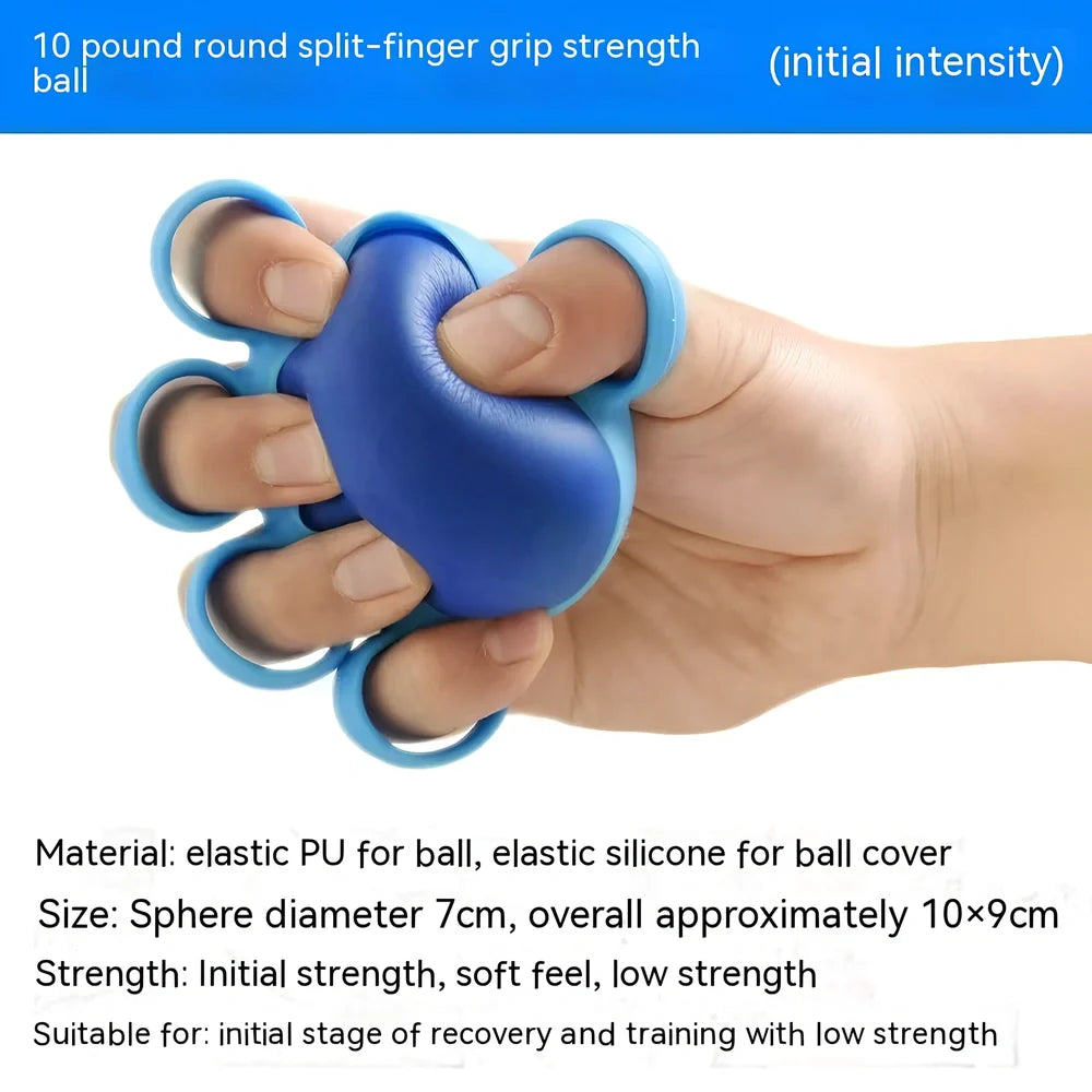 Blue four-finger grip training ball showing 10x9cm spherical design with silicone sleeve