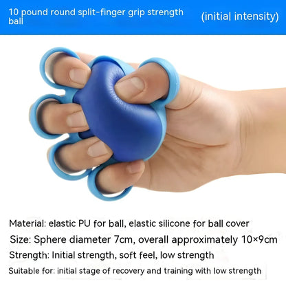 Blue four-finger grip training ball showing 10x9cm spherical design with silicone sleeve