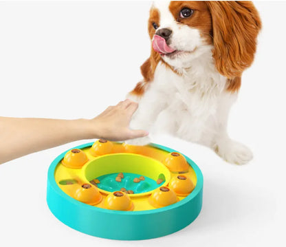 Green and blue interactive dog puzzle toy slow feeder bowl with food turntable top