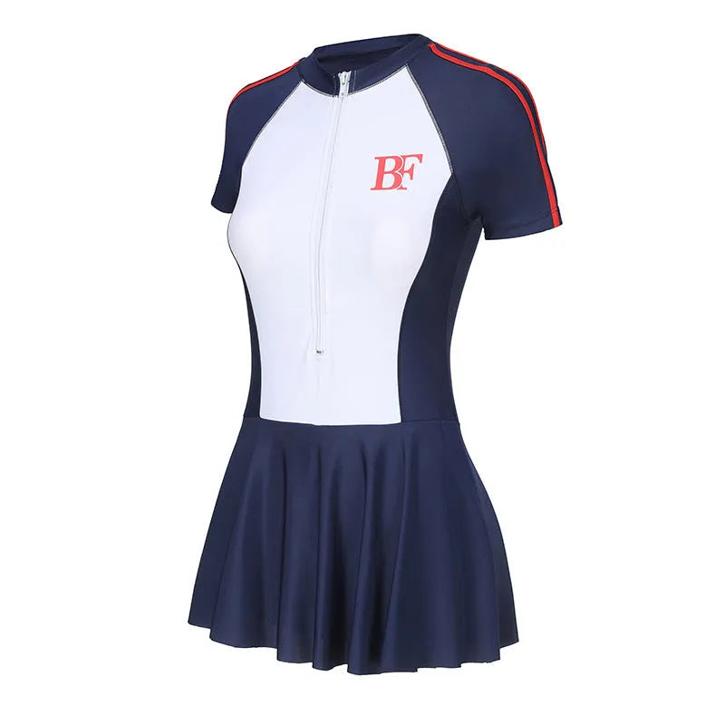 Women's conservative one-piece sports swimsuit in a tight fit, shown in colour E92 or E93.