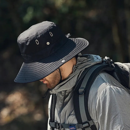 Men's wide brim polyester sunshade hat with dome crown, 58-60cm adult free size, in black, khaki, dark grey, army green or navy blue.