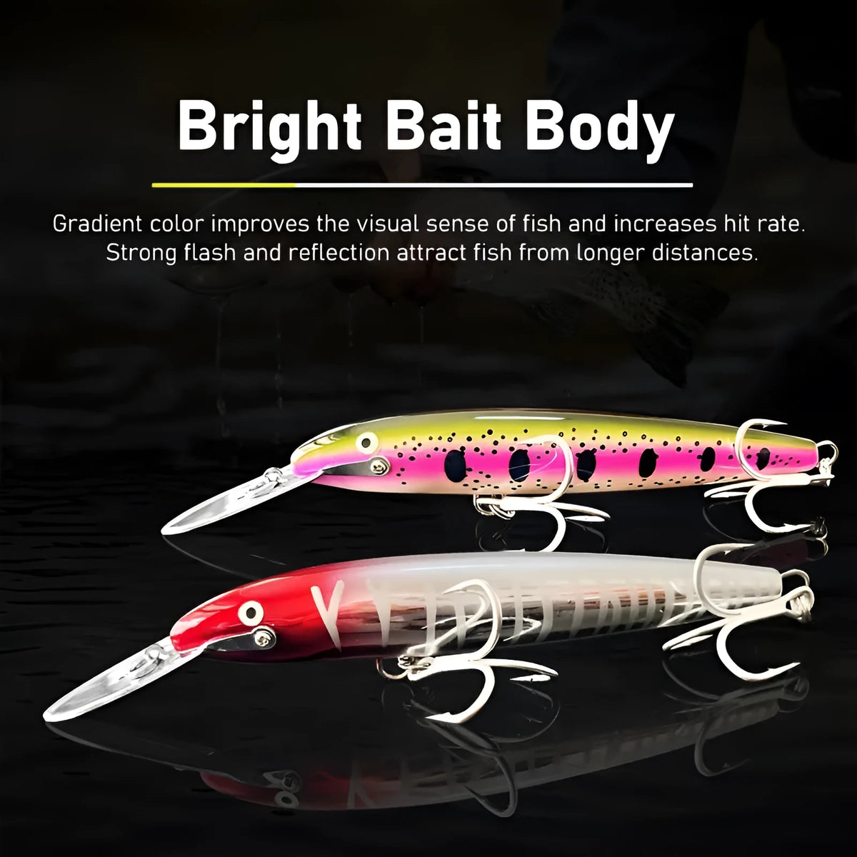 Luminous ABS fishing lure with iron tongue, 17.5cm x 2.2cm x 1cm, shown in one of six colours TZMN01 to TZMN06