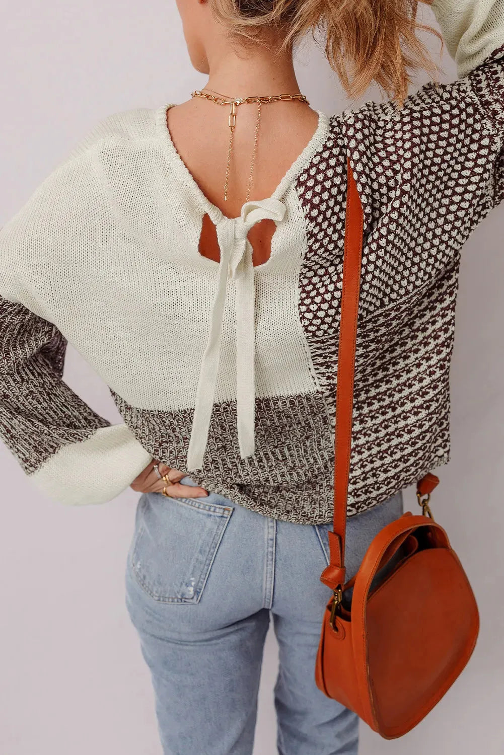 Dark khaki colour block sweater with back tie detail and drop shoulder design