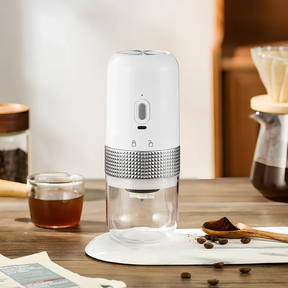 Black electric ceramic coffee grinder with USB port, measuring 18.8x7.5cm