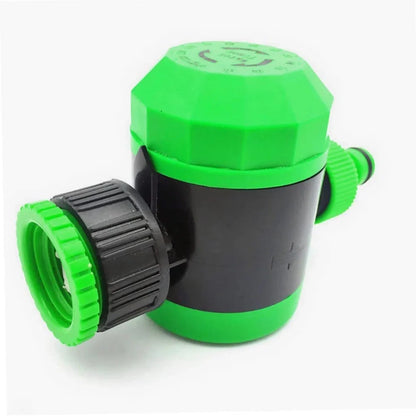 Plastic mechanical garden irrigation timer, 140mm size, connected to outdoor faucet with hose, showing 120-minute dial and auto shut-off feature