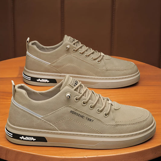 Men's khaki waterproof casual shoes with round toe and rubber sole for work and leisure.