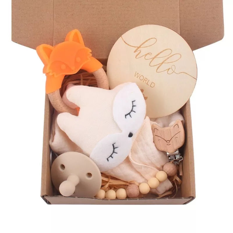 Natural cotton baby bath toy set with wooden rattle and comfort towel