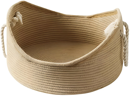 Natural wicker cat basket with integrated corrugated cardboard scratching panel side.