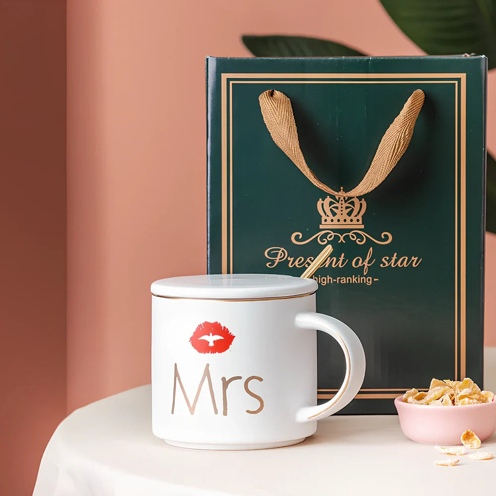 White ceramic mug with matte glaze and high-temperature decal design, matching lid, 450ml capacity