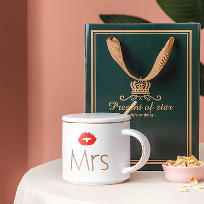 White ceramic mug with matte glaze and high-temperature decal design, matching lid, 450ml capacity