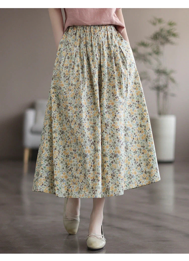 Chic floral printed cotton skirt in vibrant colors, perfect for any occasion.