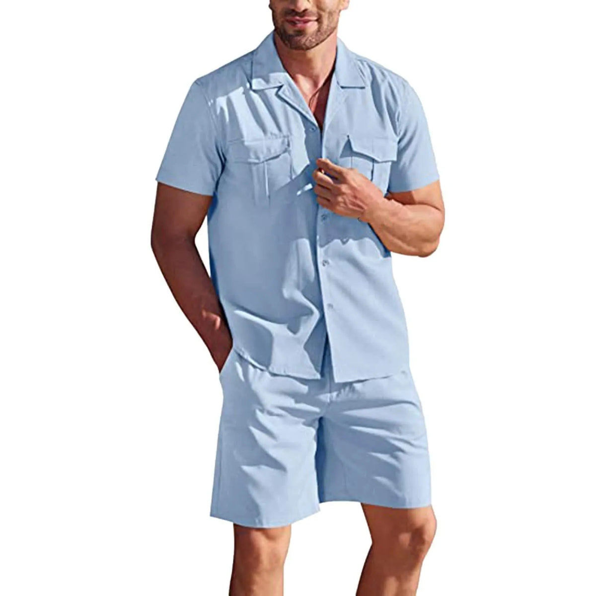 Lapel collar short sleeve linen shirt and shorts set with pockets, loose casual summer two-piece in solid colour