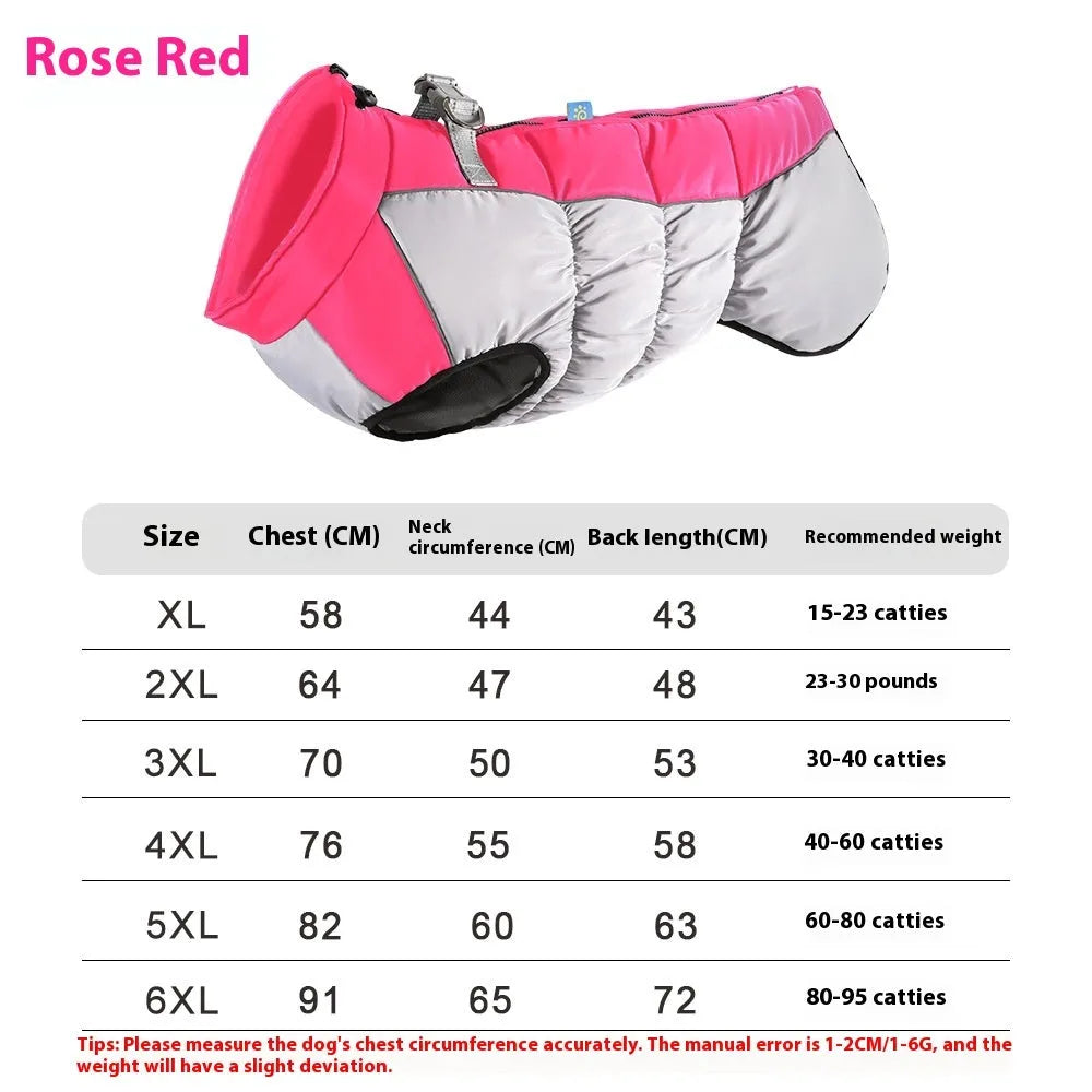 A large dog wearing a black waterproof winter coat with reflective strips, showing sizes XL to 6XL available.