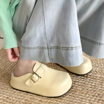 Flat buckle casual sneakers in beige, black, silver, and yellow colours, showing round toe and PU upper.