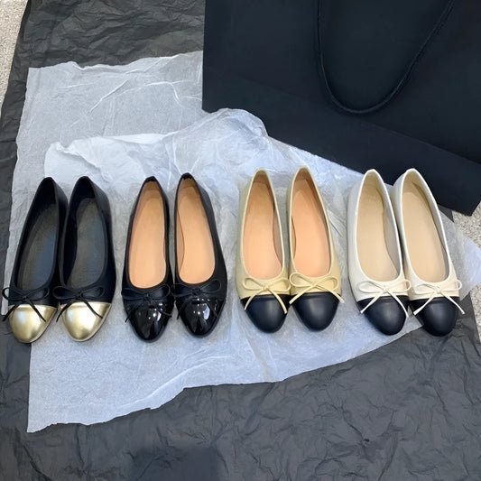 Ballet flat shoes with bowknot decoration and soft rubber soles in apricot colour