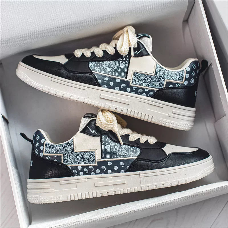 Male Student Sports Casual Shoes in beige, white and blue, and beige and black with mesh lining and rubber sole