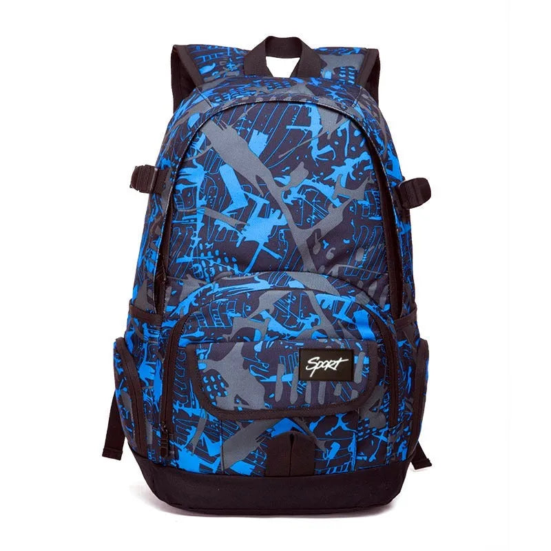 Blue classic nylon backpack with multiple compartments and adjustable straps, shown with laptop sleeve
