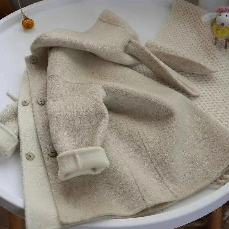 Milky white children's woolen coat with rabbit ears hood, mid-length design with long sleeves