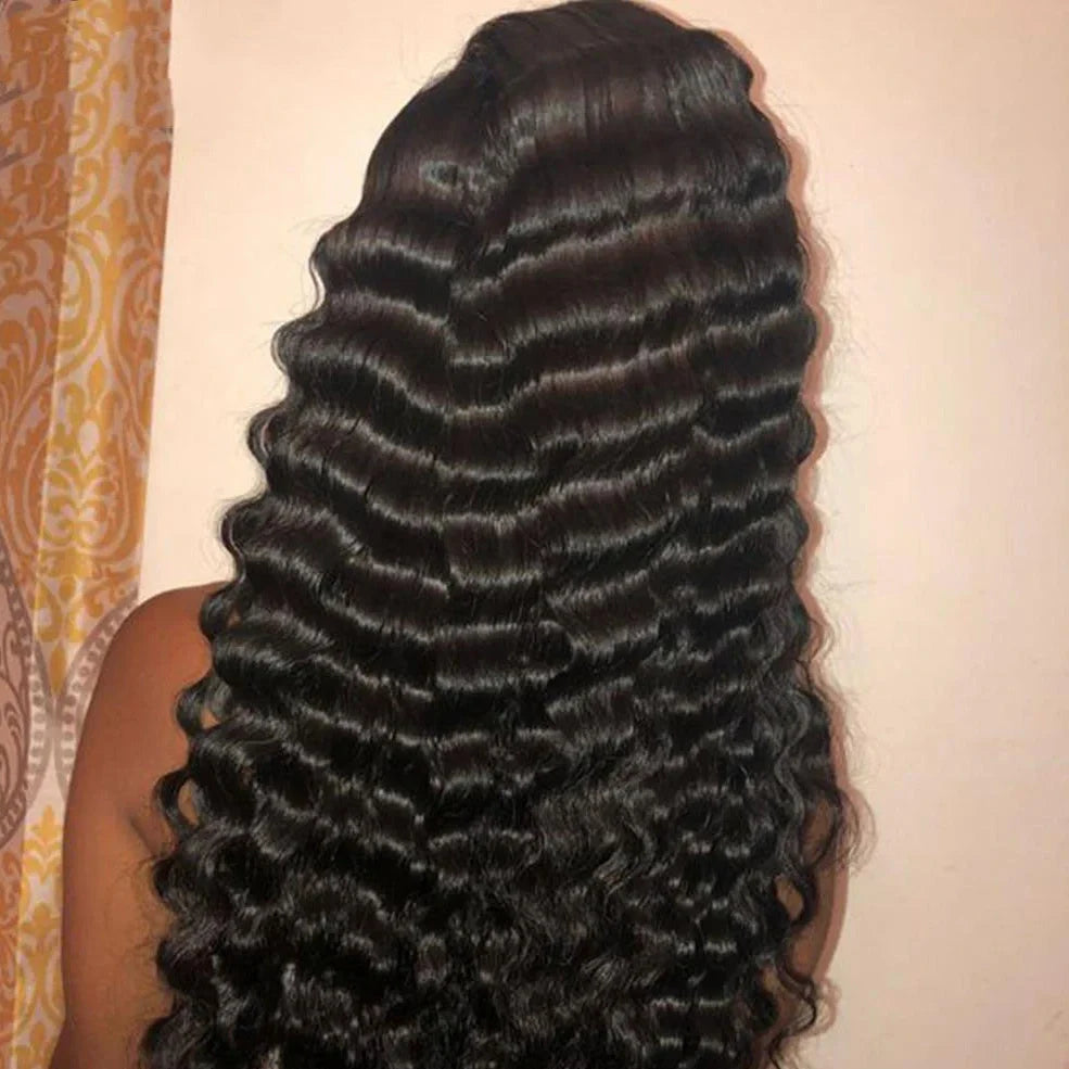 Deep wave human hair lace frontal wig showing natural hairline and wave texture