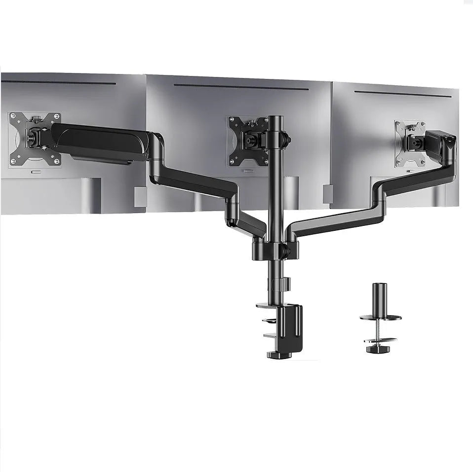 Black aluminium three-arm gas spring monitor holder mounted on a desk edge.