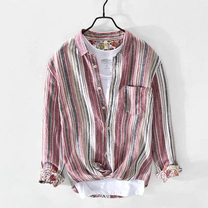 Men's striped linen shirt in red and grey colours with long sleeves and loose fit